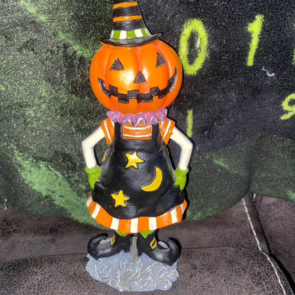 Halloween Pumpkin Figurine with Striped Hat